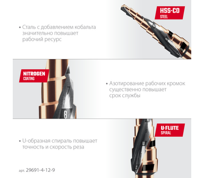 Сверло ступенчатое Kraftool Cobalt 4-12 мм 29691-4-12-9